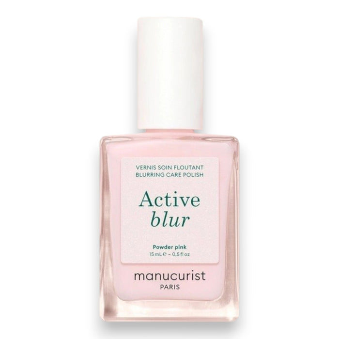 Three close-up photos of a fingernail: first, bare; second, after one coat of MANUCURIST - ACTIVE™ BLUR TREATMENT POLISH in a powder-pink shade (appearing slightly shinier); and third, after two coats (showing even glossier and smoother results). Each stage is clearly labeled to highlight the transformation, perfect for fans of MANUCURIST INC vegan nail care solutions.