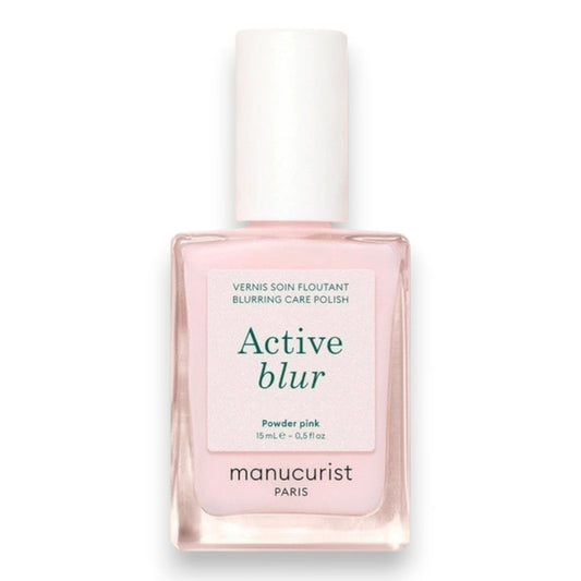 Three close-up photos of a fingernail: first, bare; second, after one coat of MANUCURIST - ACTIVE™ BLUR TREATMENT POLISH in a powder-pink shade (appearing slightly shinier); and third, after two coats (showing even glossier and smoother results). Each stage is clearly labeled to highlight the transformation, perfect for fans of MANUCURIST INC vegan nail care solutions.