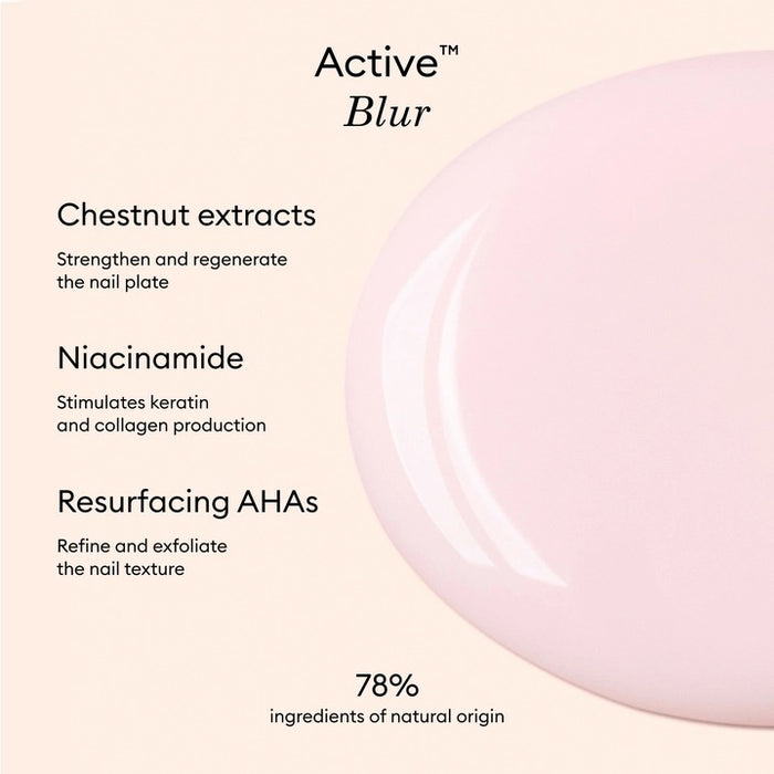 Three close-up photos of a fingernail: first, bare; second, after one coat of MANUCURIST - ACTIVE™ BLUR TREATMENT POLISH in a powder-pink shade (appearing slightly shinier); and third, after two coats (showing even glossier and smoother results). Each stage is clearly labeled to highlight the transformation, perfect for fans of MANUCURIST INC vegan nail care solutions.
