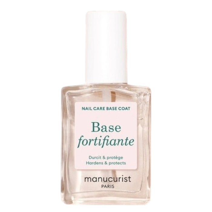 A clear bottle of MANUCURIST INC MANUCURIST - FORTIFYING BASE COAT vegan nail care, featuring a white cap and green lettering on the label, designed as a nourishing base to strengthen nails and promote healthy growth.