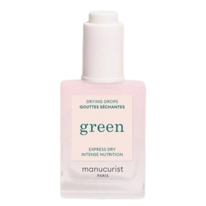 A bottle of MANUCURIST - GREEN™ DRYING DROPS by MANUCURIST INC features a white cap and contains a pale pink liquid. The label displays “Express Dry Intense Nutrition,” making it an ideal addition to your quick-dry manicure routine, as it nourishes cuticles for healthier, more beautiful nails.