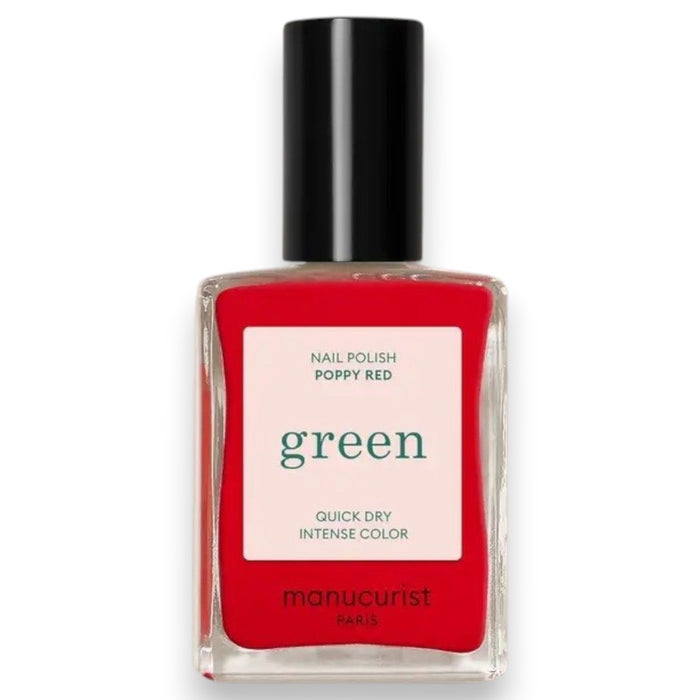 Twelve lipstick shades are presented with their names and color descriptions, spanning coral and brick reds to raspberries, cherries, and browns—each set against a backdrop of glossy swatches. These striking tones pair perfectly with the MANUCURIST - GREEN™ NAIL POLISH IN POPPY RED by MANUCURIST INC, a vibrant red nail polish crafted from bio-sourced ingredients for a coordinated and polished finish.