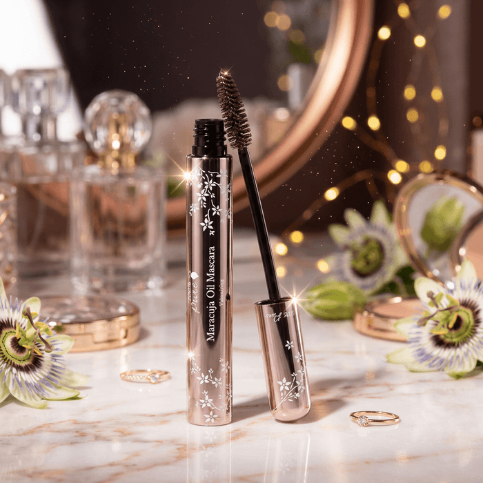 Eyebrow mascara with applicator on a decorative surface with flowers and jewelry.