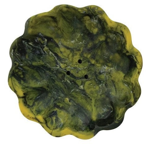 Three CREATIVE COOP MARBLED RESIN FLOWER-SHAPED SOAP DISHES in green, brown, and yellow are displayed side by side on a plain white background. Each decorative dish features scalloped edges and a unique marbled pattern.