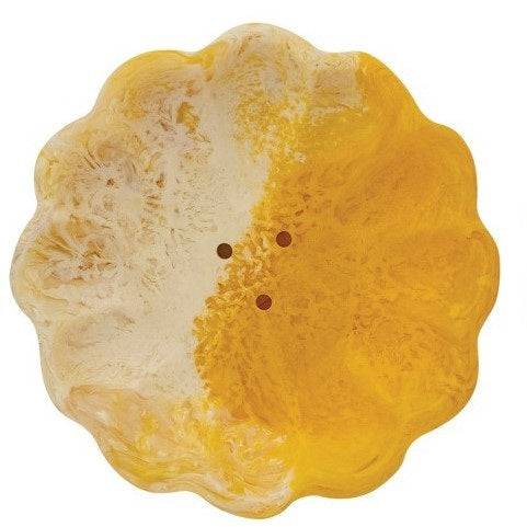 Three CREATIVE COOP MARBLED RESIN FLOWER-SHAPED SOAP DISHES in green, brown, and yellow are displayed side by side on a plain white background. Each decorative dish features scalloped edges and a unique marbled pattern.