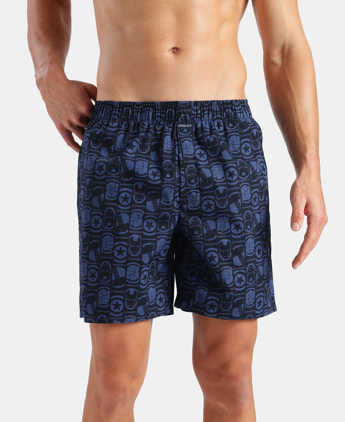 Marvel Avengers Super Combed Mercerized Cotton Woven Printed Boxer Shorts with Side Pockets- Navy & Black (Pack of 2)
