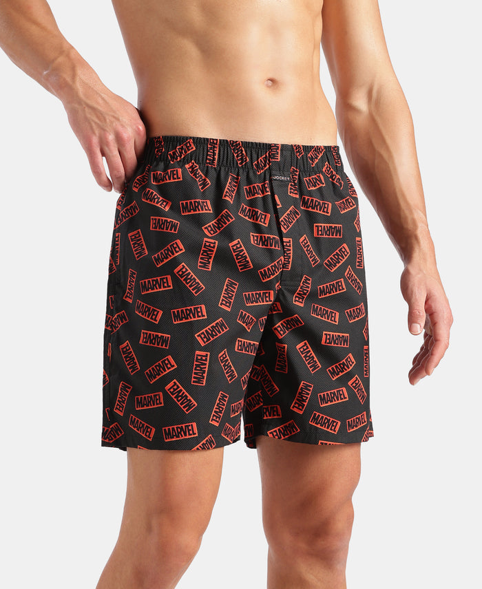 Marvel Avengers Super Combed Mercerized Cotton Woven Printed Boxer Shorts with Side Pockets- Navy & Black (Pack of 2)