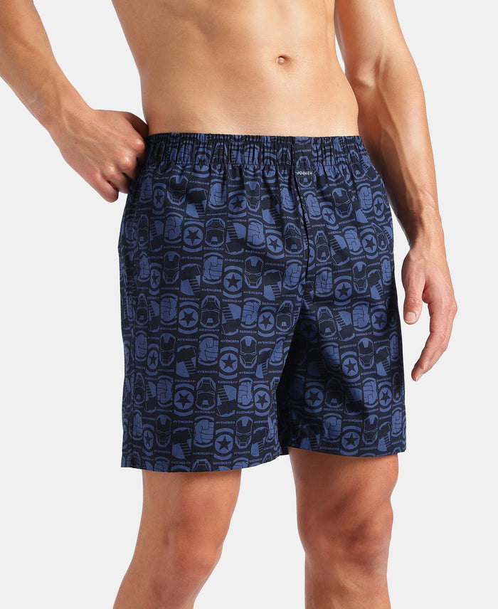 Marvel Avengers Super Combed Mercerized Cotton Woven Printed Boxer Shorts with Side Pockets- Navy & Black (Pack of 2)