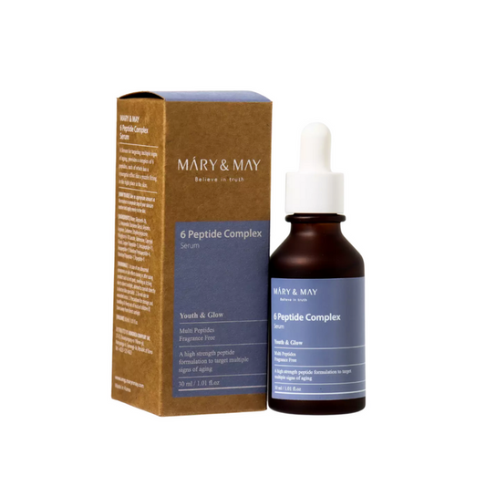 MARY & MAY 6 Peptide Complex Serum is a firming and revitalizing serum designed to improve skin elasticity and reduce the appearance of fine lines. Enriched with six types of peptides, including Copper Tripeptide-1 and Palmitoyl Tripeptide-1, it helps support collagen production, smooth texture, and promote a youthful glow. With its lightweight, fast-absorbing formula, this serum hydrates without heaviness, making it suitable for mature, dry, and combination skin types, and ideal for those conce