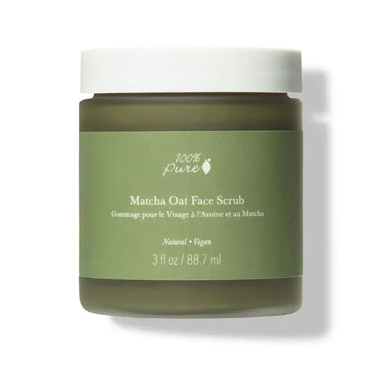 Matcha Oat Face Scrub 88.7ml in green jar, natural and vegan exfoliating cleanser for soft skin.
