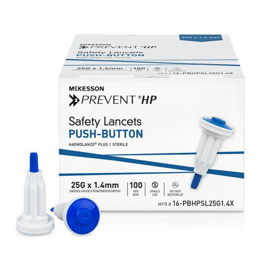 McKesson Prevent HP Push Button Safety Lancets, 25 Gauge - 16-PBHPSL25G1.4X-Box - LL Medico