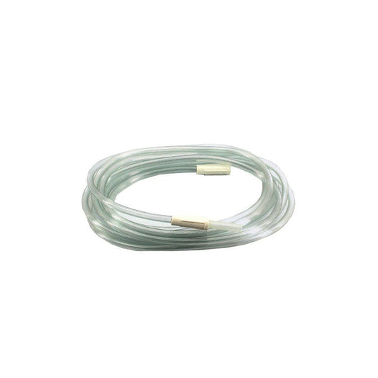 A clear plastic tube, coiled, with metallic connectors at each end, sits on a white background.