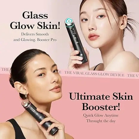 The MEDICUBE AGE-R Booster Pro by Asian Beauty Wholesale is a stylish black handheld skincare device with a small digital display and buttons. It features five interchangeable tips with colorful rings: orange, green, blue, purple, and red. The display shows "2" and "0:28" for accurate electroporation settings.
