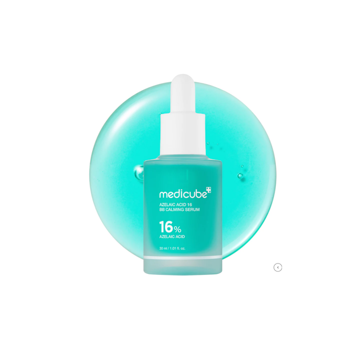 MEDICUBE Azelaic Acid 16 BB Soothing Serum is a lightweight treatment designed to help balance oil, calm irritation, and support clearer-looking skin. Formulated with a high concentration of Azelaic Acid, it helps reduce excess sebum while improving uneven texture and redness. Ingredients like Niacinamide, Centella Asiatica Extract, Panthenol, and Allantoin work together to soothe sensitive skin and maintain hydration. Ceramide NP, Squalane, and Shea Butter help support the skin barrier, leaving