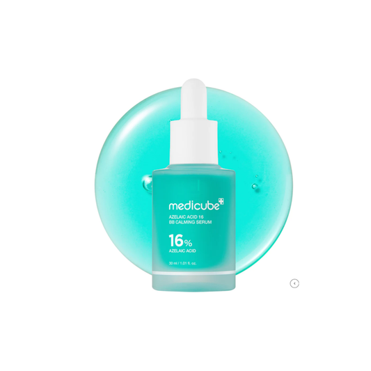 MEDICUBE Azelaic Acid 16 BB Soothing Serum is a lightweight treatment designed to help balance oil, calm irritation, and support clearer-looking skin. Formulated with a high concentration of Azelaic Acid, it helps reduce excess sebum while improving uneven texture and redness. Ingredients like Niacinamide, Centella Asiatica Extract, Panthenol, and Allantoin work together to soothe sensitive skin and maintain hydration. Ceramide NP, Squalane, and Shea Butter help support the skin barrier, leaving