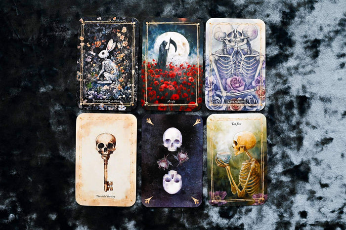 Memento Mori Cards featuring intricate designs and affirmations for mindfulness and self-reflection.