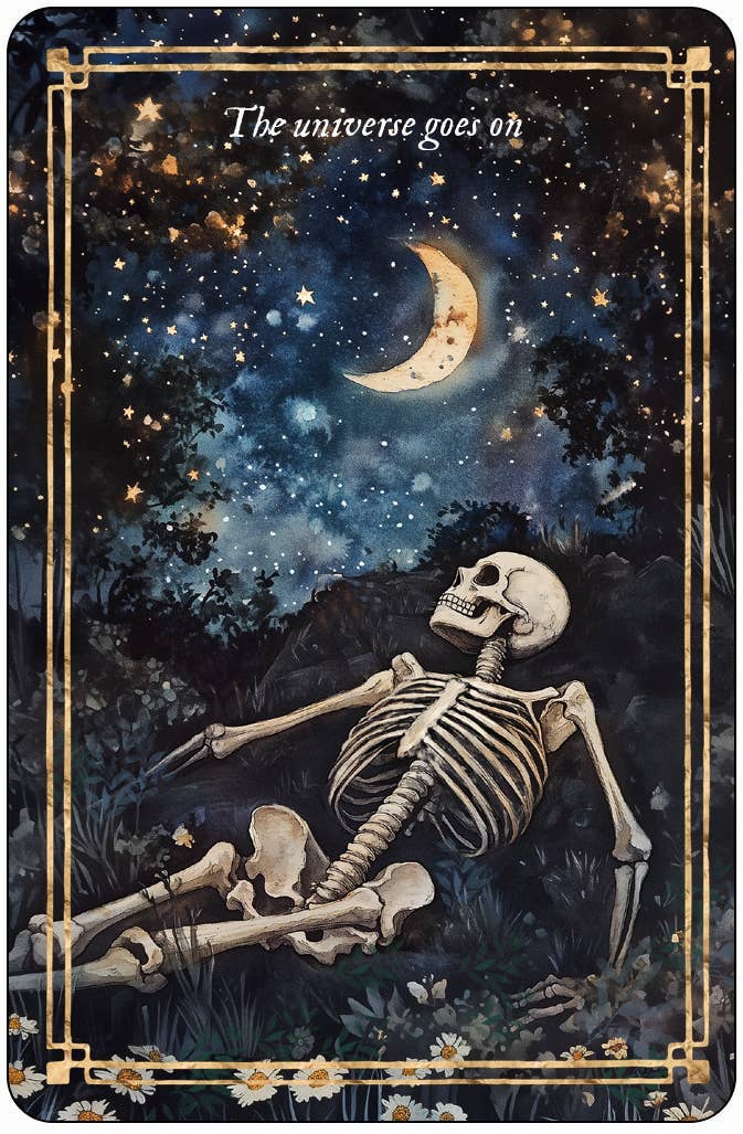 Memento Mori Cards featuring a skeleton lying under a starry sky with the text 'The universe goes on'.