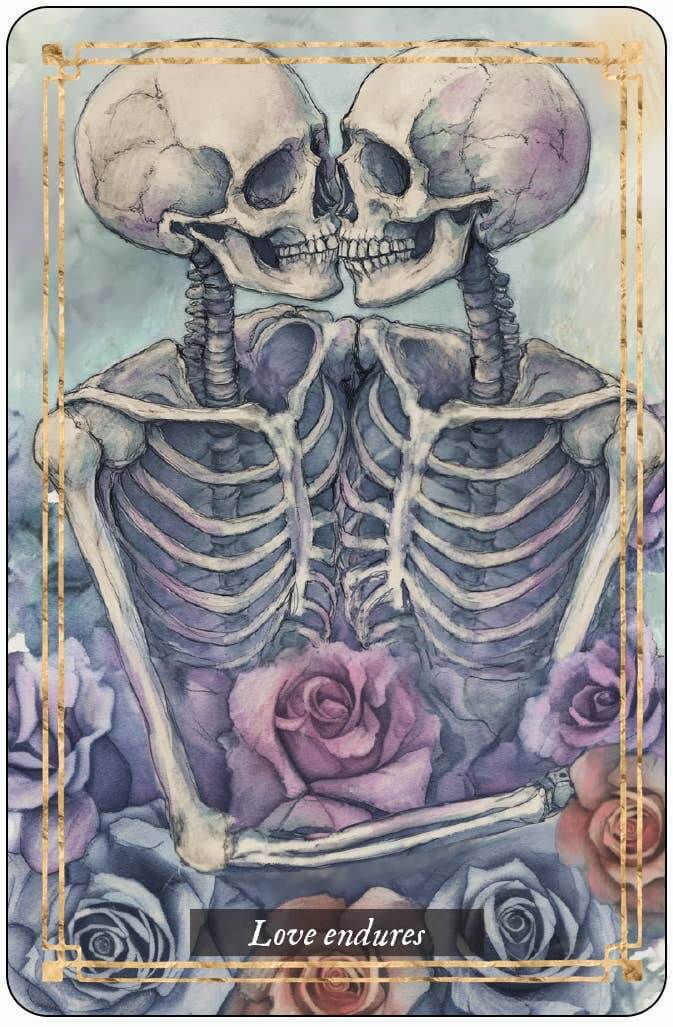 Memento Mori Cards featuring two skeletons embracing among roses with the statement 'Love endures'.