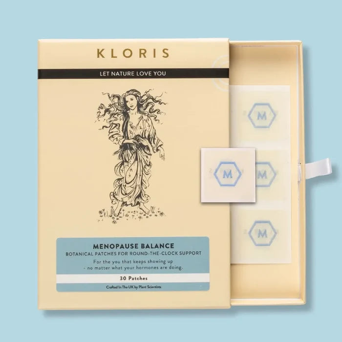 Kloris menopause balance botanical patches packaging on a light blue background