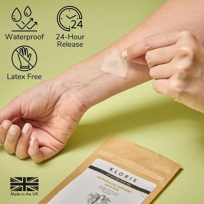 Person applying a patch on their arm with product features and Kloris packaging displayed.