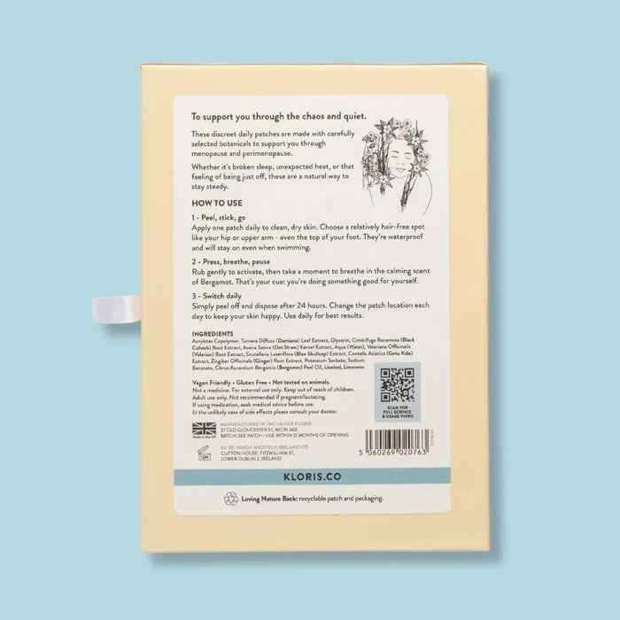 Back of a Kloris Co product packaging with text and QR code on a light blue background