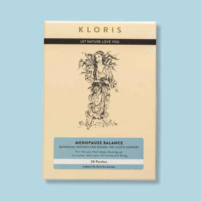 Kloris menopause balance botanical patches packaging on a light blue background
