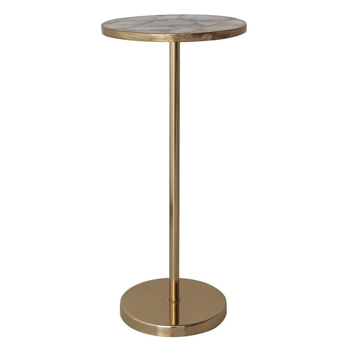 The CREATIVE COOP METAL MARTINI TABLE WITH AGATE TOP features a round surface of polished agate pieces in white, gray, and beige tones with natural patterns, creating a stunning accent for any space. Set against a plain white background.