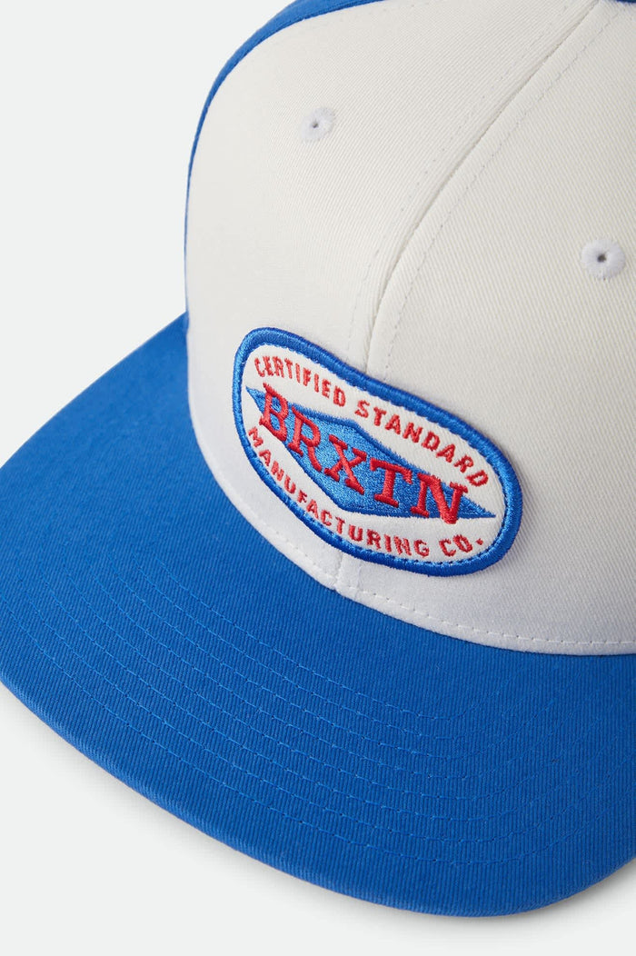 Unisex Meyers Snapback in the color Off White/Electric Indigo - Additional Laydown image