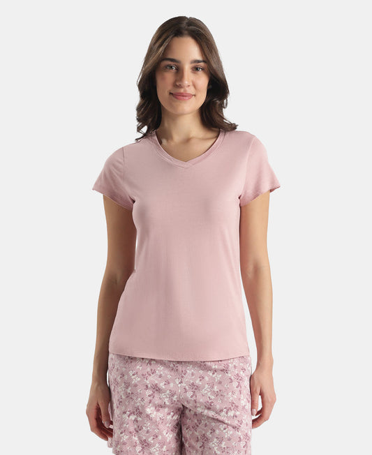 Micro Modal Cotton Relaxed Fit Solid V Neck Half Sleeve Tshirt - Zephyr