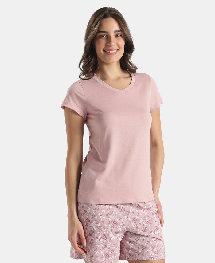 Micro Modal Cotton Relaxed Fit Solid V Neck Half Sleeve Tshirt - Zephyr