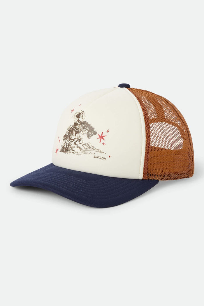 Unisex Mid Century Ranch Trucker Hat in the color Off White/Washed Navy/Caramel - Front Product View