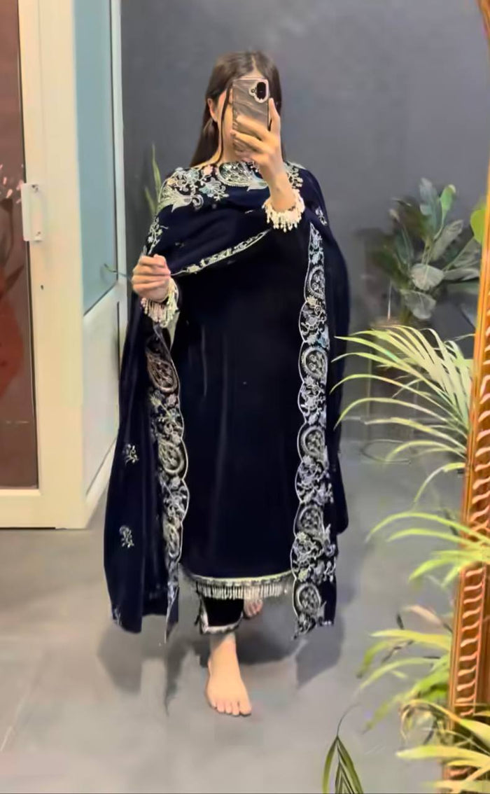 Midnight Blue Velvet Embroidered Elegance
