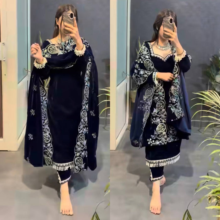 Midnight Blue Velvet Embroidered Elegance