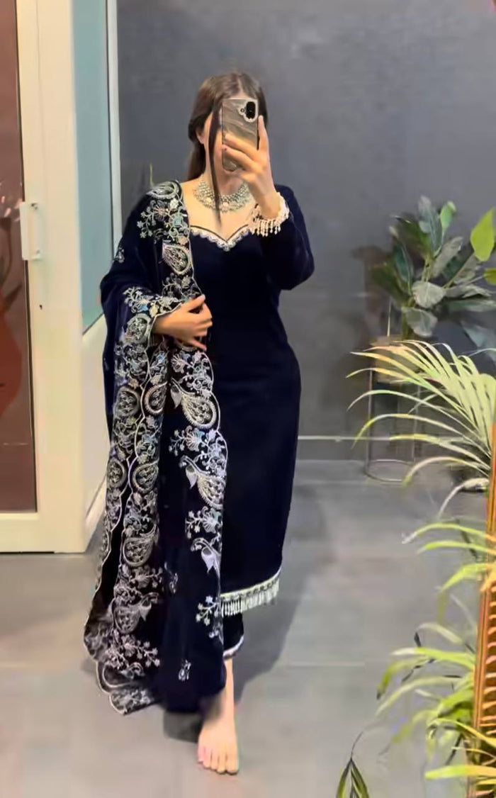 Midnight Blue Velvet Embroidered Elegance