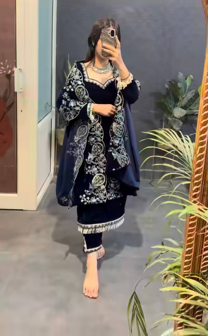 Midnight Blue Velvet Embroidered Elegance