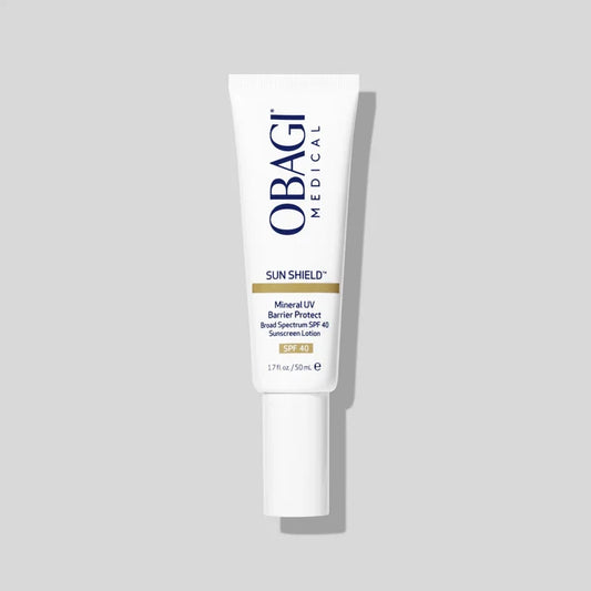 Obagi Sun Shield Mineral UV Barrier Protect Broad Spectrum SPF 40 tube hero image on gray background