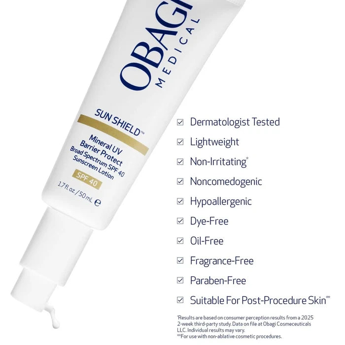 Obagi Sun Shield Mineral UV Barrier Protect Broad Spectrum SPF 40 with features listed on the right side including dermatologist tested, lightweight, non-irritating, noncomedogenic, hypoallergenic, dye- free, oil-free, fragrance-free, paraben-free, and suitable for post-procedure skin.
