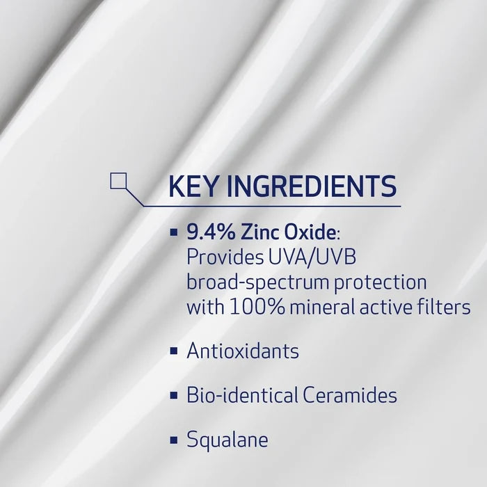Obagi Sun Shield Mineral UV Barrier Protect Broad Spectrum SPF 40 key ingredients listed out which are zinc oxide, Antioxidants, Bio-identical Ceramides, and Squalane.