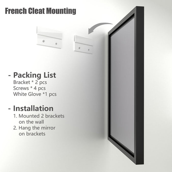 Mirror with mounting brackets and screws on a white background