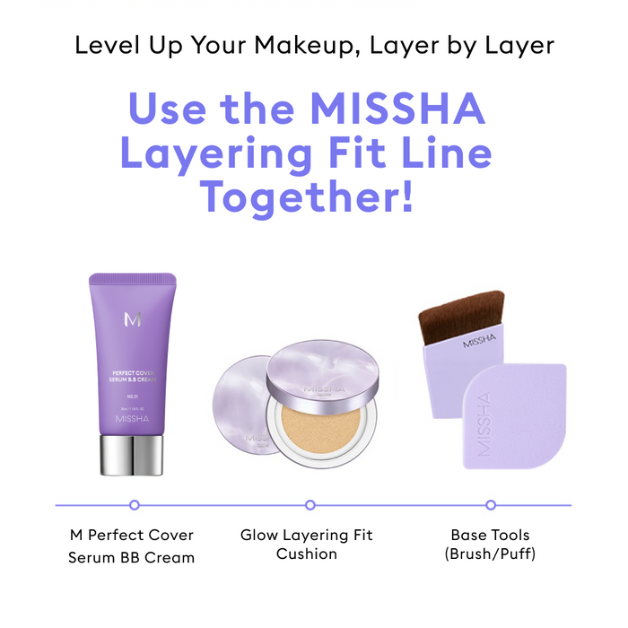 Promotional graphic for the MISSHA Layering Fit Line, featuring the M Perfect Cover and Glow Layering Fit products, showing how to level up your makeup by layering for buildable coverage and a radiant finish.