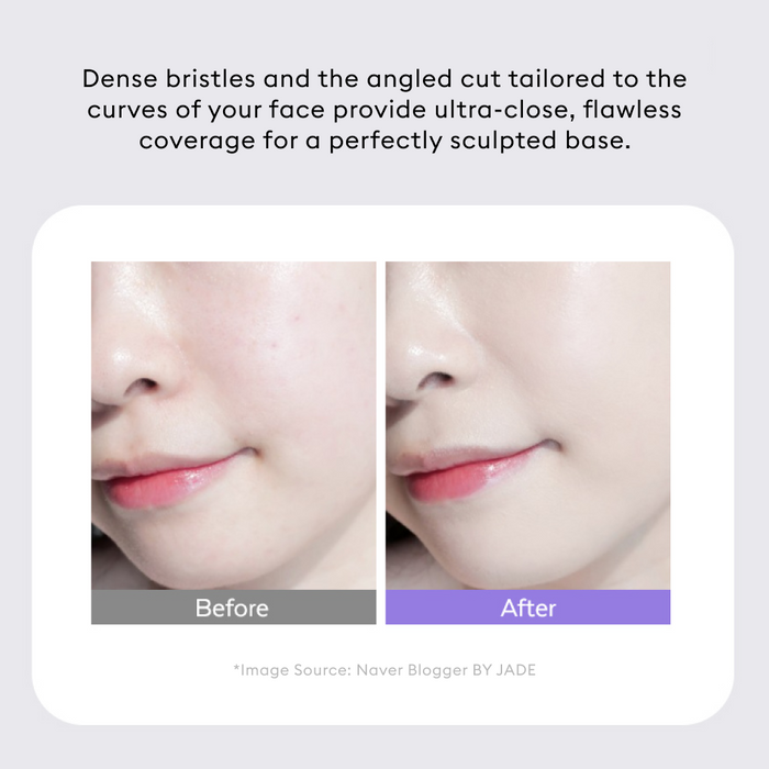 Before and after comparison demonstrating the flawless, sculpted coverage achieved with the MISSHA foundation brush, which uses dense, angled bristles to hug the curves of the face.