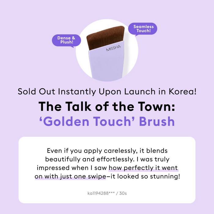 Promotional graphic for the MISSHA Golden Touch Brush, a sold-out viral product from Korea known for its effortless, seamless blending that creates a stunning, airbrushed finish with just one swipe.