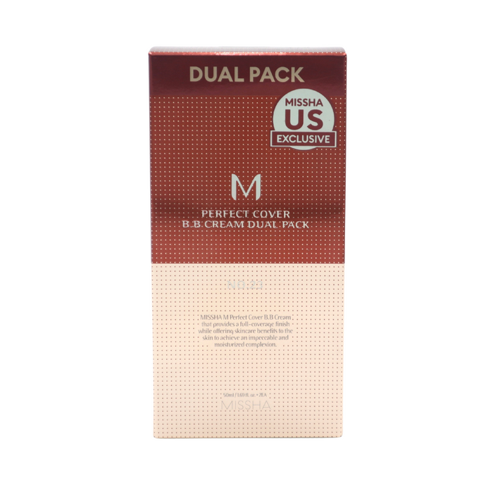 MISSHA M Perfect Cover B.B Cream Dual Pack box in red and beige design with “US Exclusive” label, highlighting full-coverage finish and skincare benefits for a moisturized complexion.