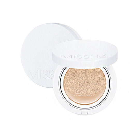 MISSHA Magic Cushion Moist Up is a hydrating cushion foundation designed to enhance skin's natural glow while providing smooth, even coverage. Enriched with Nelumbo Nucifera Root Water, Camellia Sinensis Leaf Water, and Sage Leaf Water, it nourishes and soothes the skin for a healthy, refreshed appearance. Infused with Niacinamide for brightening and Adenosine for firming benefits, this cushion keeps your skin moisturized and radiant throughout the day. Perfect for achieving a dewy, flawless fin