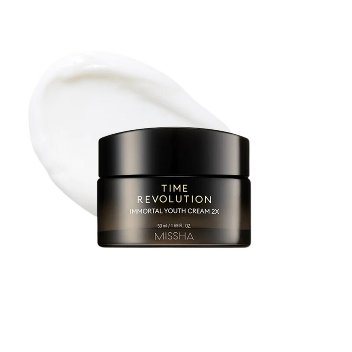 MISSHA Time Revolution Immortal Youth Cream 2X is a luxurious anti-aging cream formulated with Betula Platyphylla Japonica Juice, Niacinamide, and a blend of powerful mushroom extracts like Ganoderma and Inonotus Obliquus. This rich cream deeply hydrates the skin while helping to reduce the appearance of fine lines and wrinkles, improve elasticity, and brighten the complexion. Infused with Shea Butter, Squalane, and Ceramide NP, it strengthens the skin barrier and locks in moisture for long-last