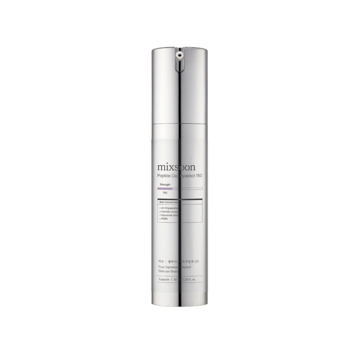 MIXSOON Peptide Cica Hyalshot 150 is a lightweight serum designed to soothe, hydrate, and improve skin firmness. Formulated with Centella Asiatica Complex, Peptides, and PDRN, it helps calm irritation while supporting a stronger, healthier skin barrier. Multiple forms of Hyaluronic Acid deliver deep hydration, while Niacinamide helps brighten and balance the complexion. The advanced Hyaluronic Coating Spirule technology enhances absorption, leaving skin smooth, plump, and refreshed. Suitable for