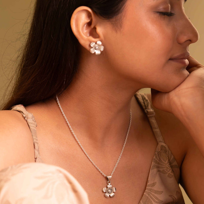 Moh Pearl Studded Flower Necklace Earring Ring Set