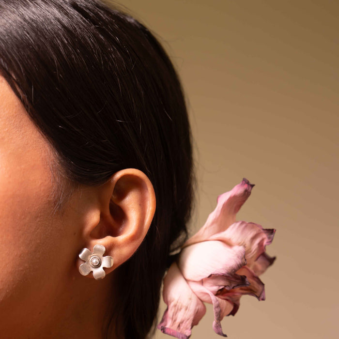 Moh Pearl Studded Flower Necklace Earring Ring Set