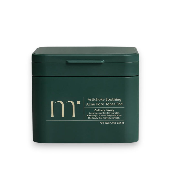 A dark green square container with a lid, labeled "MOLVANY - Artichoke Soothing Affect Pore Toner Pads" by HONG CHEON USA, INC. Tailored for acne-prone skin, this "ordinary luxury" item provides comfortable and luxurious care for sensitive skin.