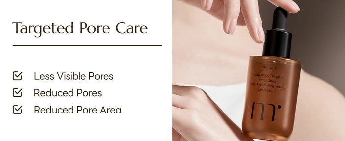 A hand holds a dropper bottle with MOLVANY - CASTANEA CRENATA INNER SHELL PORE TIGHTENING SERUM infused with Korean Yulpi extract. The label reads "Apply Post CIS Essence for Optimal Absorption" and is dedicated to those concerned about pores and skin hydration. Brand: HONG CHEON USA, INC.